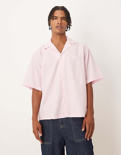 DESIGN oversized revere shirt with embroidery in pink and white stripe