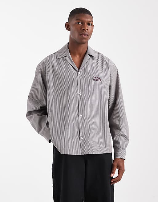 DESIGN oversized revere shirt with embroidery in beige stripe