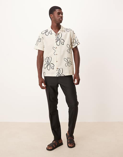 DESIGN Oversized Revere Shirt With Floral Print In Beige