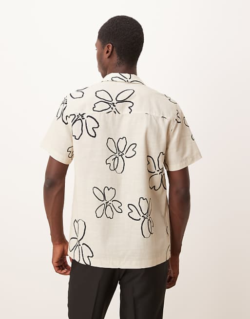 DESIGN Oversized Revere Shirt With Floral Print In Beige