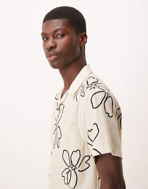 DESIGN Oversized Revere Shirt With Floral Print In Beige