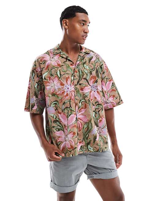 DESIGN oversized revere shirt with floral print