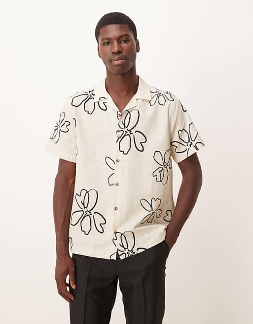 DESIGN oversized revere shirt with floral print in beige