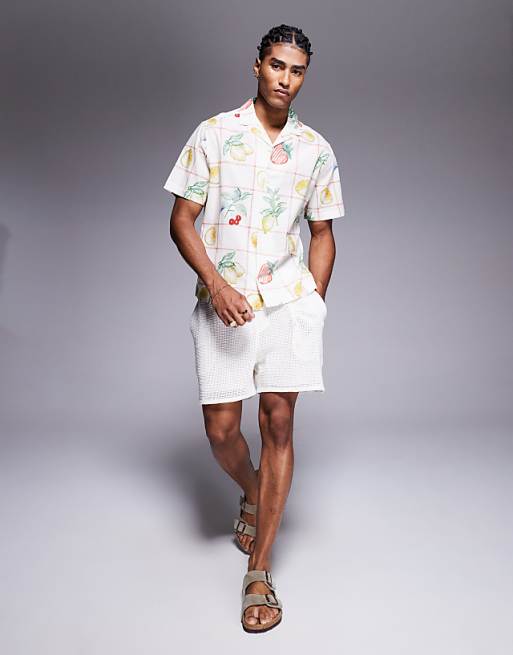 DESIGN Oversized Revere Shirt With Fruit Print In Beige