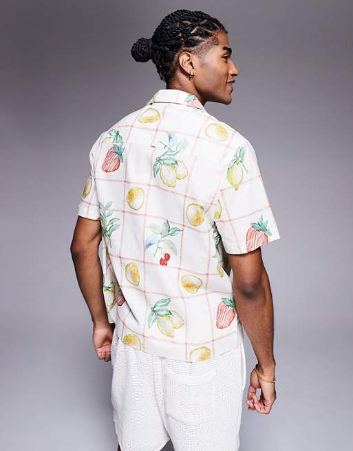 DESIGN Oversized Revere Shirt With Fruit Print In Beige