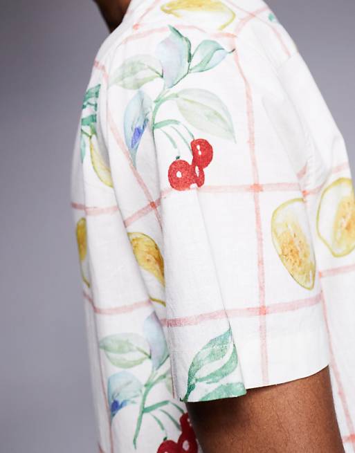 DESIGN Oversized Revere Shirt With Fruit Print In Beige