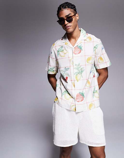 DESIGN oversized revere shirt with fruit print in beige