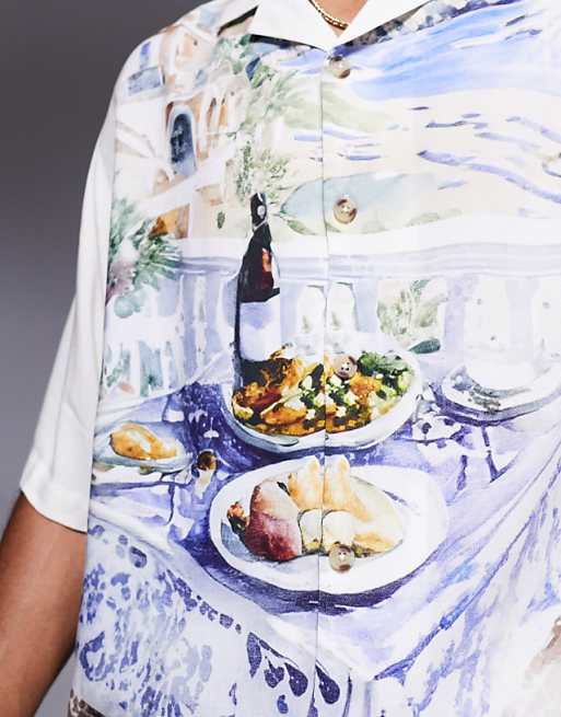 DESIGN Oversized Revere Shirt With Scenic Print In Cream