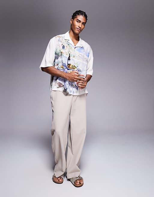 DESIGN Oversized Revere Shirt With Scenic Print In Cream
