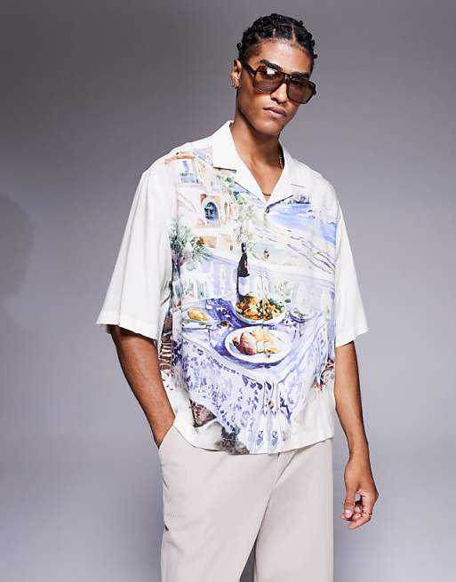 DESIGN oversized revere shirt with scenic print in cream