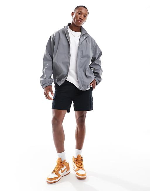 DESIGN Oversized Rubberised Rain Track Jacket In Charcoal Grey