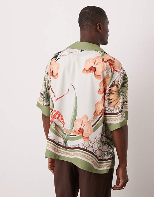 DESIGN Oversized Satin Shirt With Print In Green