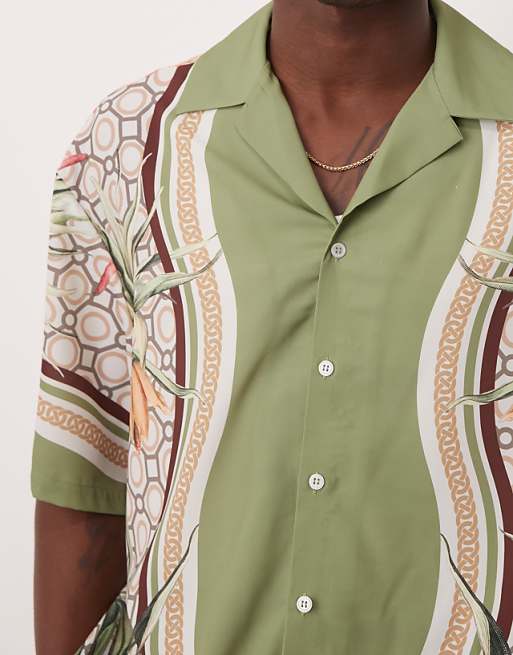 DESIGN Oversized Satin Shirt With Print In Green