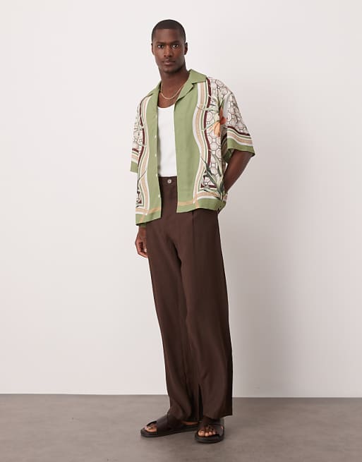 DESIGN Oversized Satin Shirt With Print In Green