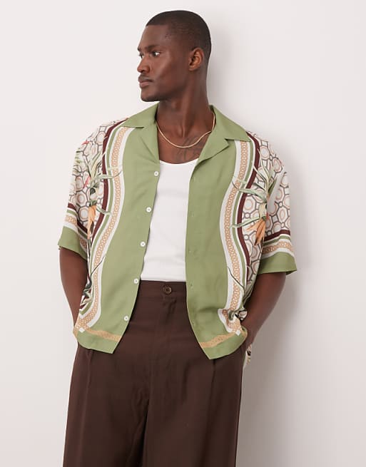 DESIGN oversized satin shirt with print in green