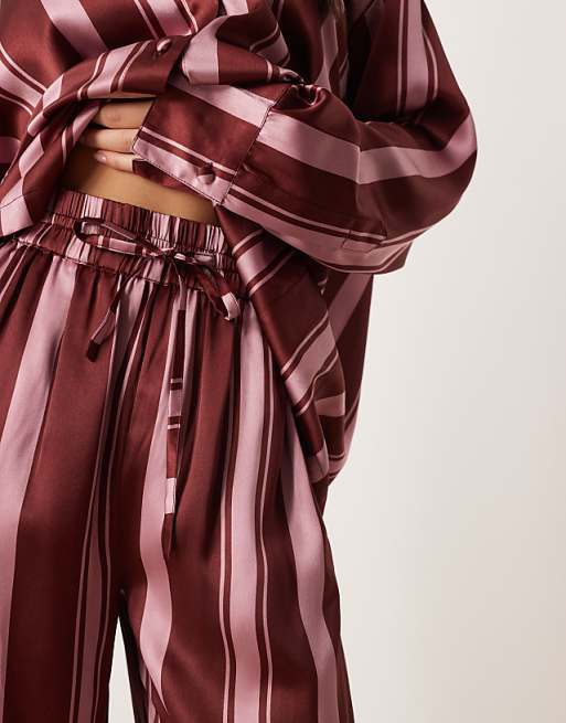 DESIGN Oversized Satin Stripe Shirt And Trouser Pyjama Set In Burgundy Stripe