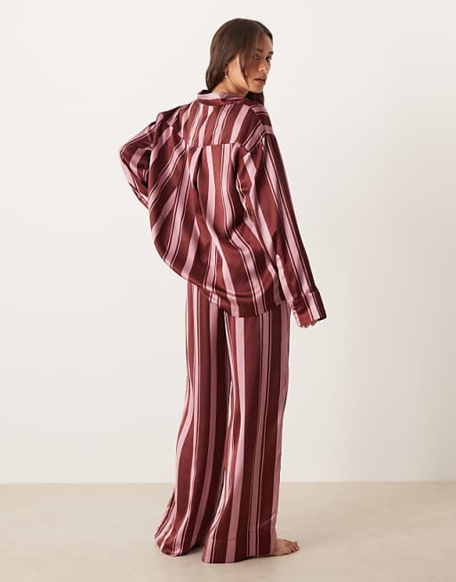 DESIGN Oversized Satin Stripe Shirt And Trouser Pyjama Set In Burgundy Stripe