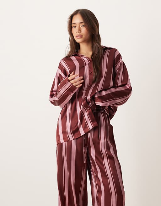 DESIGN Oversized Satin Stripe Shirt And Trouser Pyjama Set In Burgundy Stripe