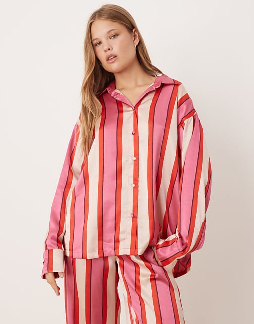 DESIGN Oversized Satin Stripe Shirt And Trouser Pyjama Set In Red & Pink Stripe