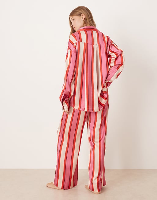 DESIGN Oversized Satin Stripe Shirt And Trouser Pyjama Set In Red & Pink Stripe