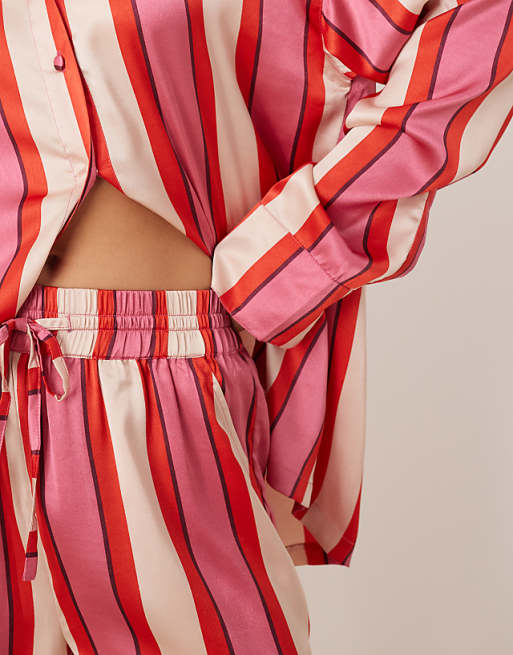 DESIGN Oversized Satin Stripe Shirt And Trouser Pyjama Set In Red & Pink Stripe