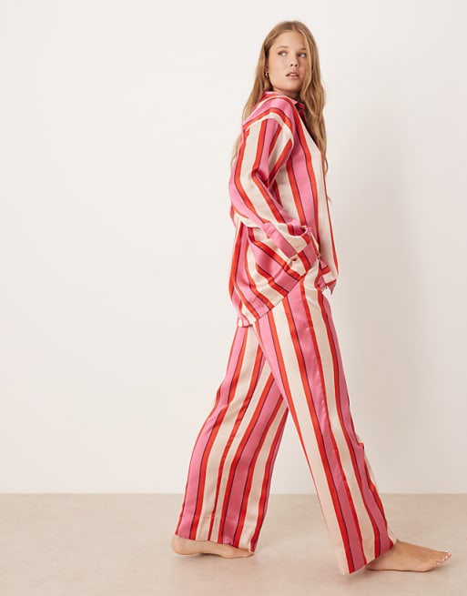 DESIGN oversized satin stripe shirt and trouser pyjama set in red & pink stripe