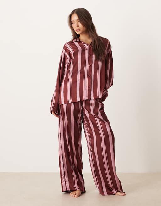 DESIGN oversized satin stripe shirt and trouser pyjama set in burgundy stripe