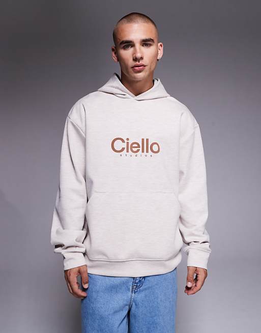 DESIGN oversized scuba-style fabric hoodie with chest print in oatmeal marl