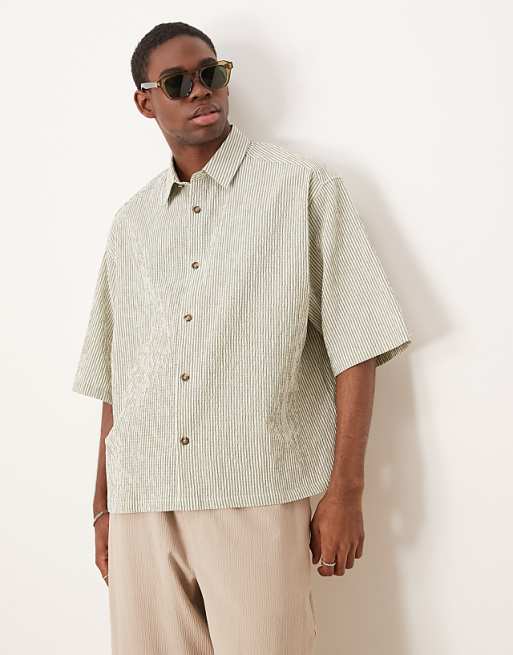 DESIGN oversized seersucker shirt in green