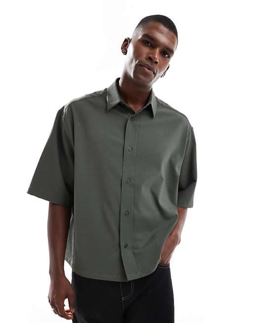 DESIGN oversized seersucker shirt in khaki