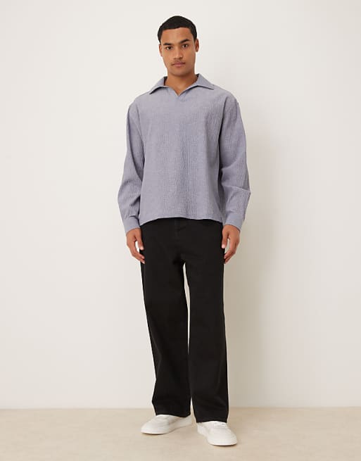 DESIGN Oversized Seersucker Shirt With Back Neck Embroidery In Blue