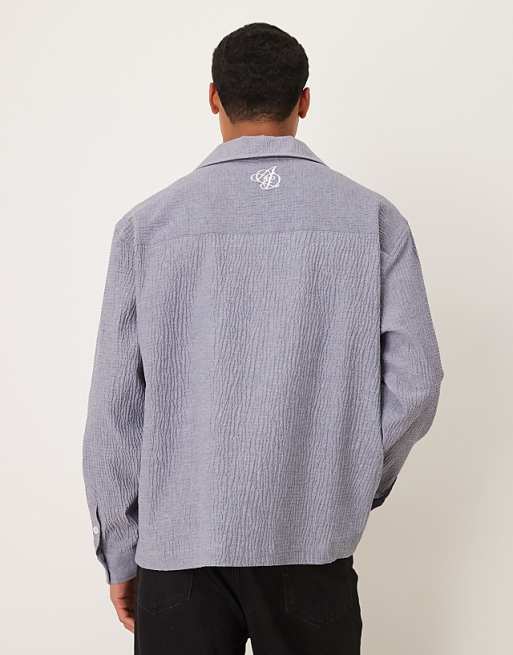 DESIGN Oversized Seersucker Shirt With Back Neck Embroidery In Blue