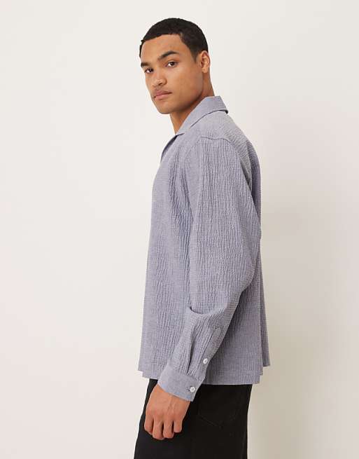 DESIGN Oversized Seersucker Shirt With Back Neck Embroidery In Blue