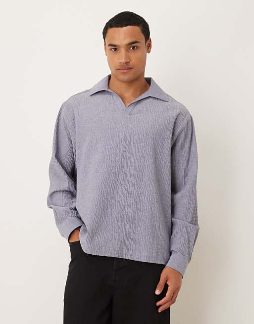 DESIGN oversized seersucker shirt with back neck embroidery in blue