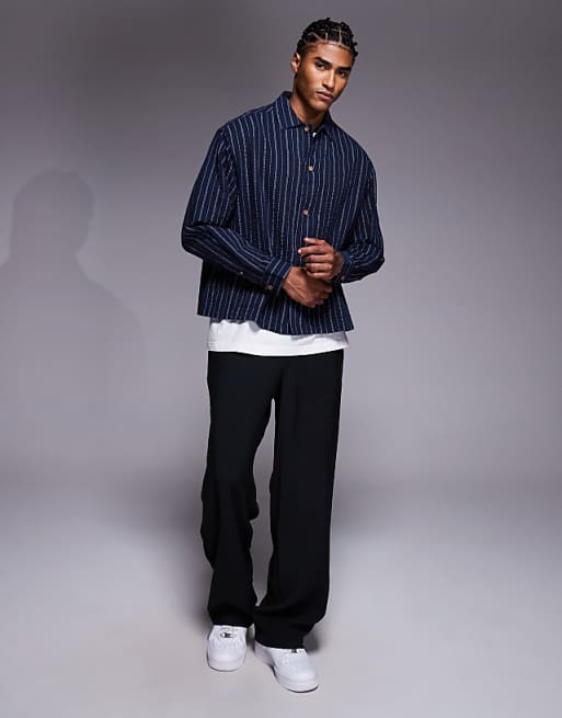 DESIGN Oversized Seersucker Stripe Shirt In Navy
