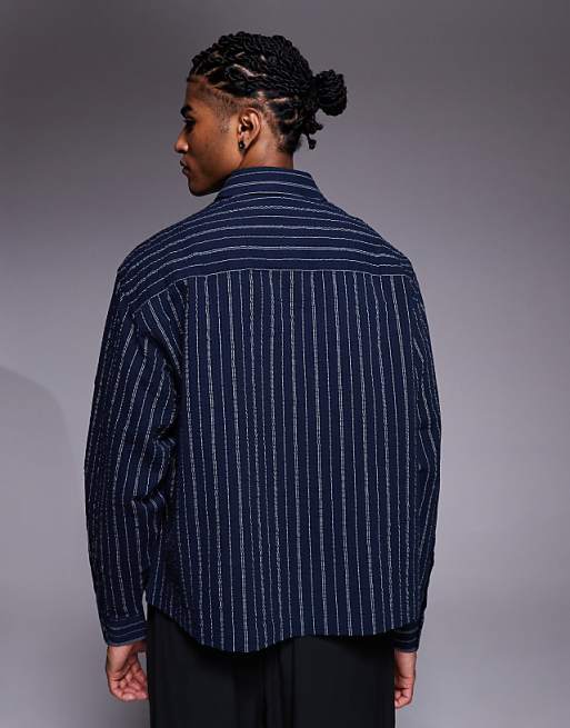 DESIGN Oversized Seersucker Stripe Shirt In Navy