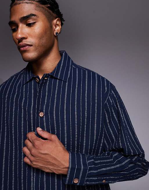 DESIGN Oversized Seersucker Stripe Shirt In Navy