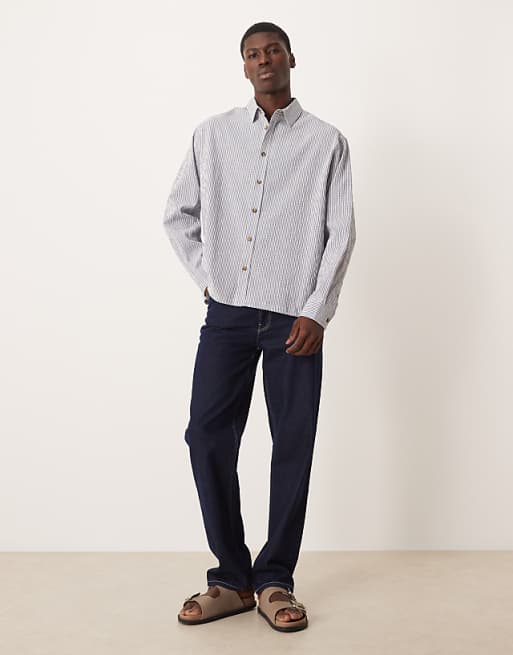 DESIGN Oversized Seersucker Stripe Shirt In Navy