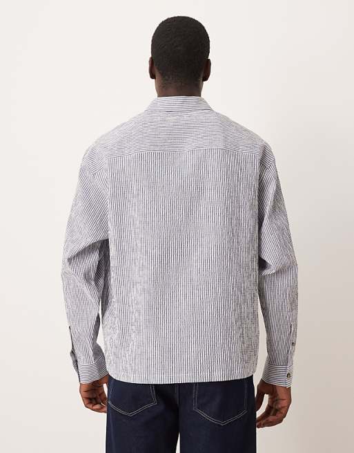 DESIGN Oversized Seersucker Stripe Shirt In Navy