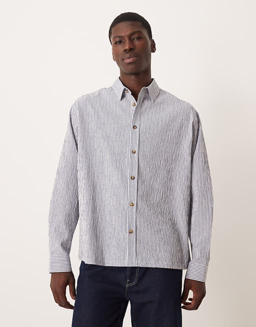 DESIGN oversized seersucker stripe shirt in navy