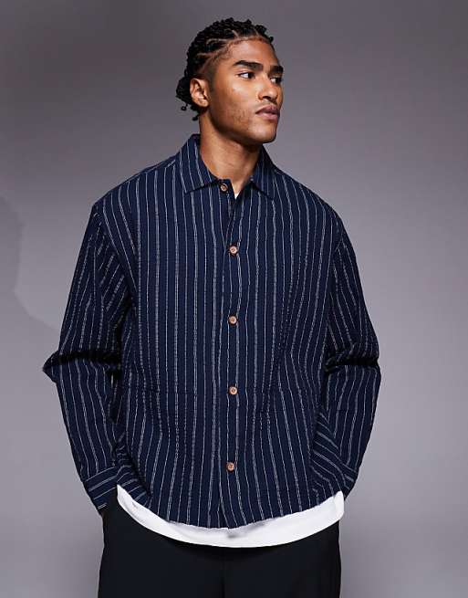 DESIGN oversized seersucker stripe shirt in navy