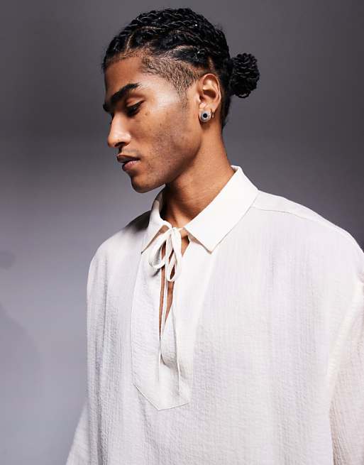 DESIGN Oversized Sheer Overhead Shirt With Neck Tie In Ecru
