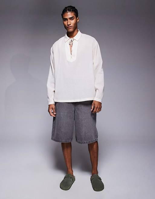 DESIGN Oversized Sheer Overhead Shirt With Neck Tie In Ecru