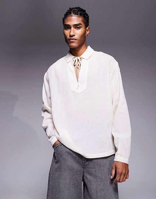 DESIGN oversized sheer overhead shirt with neck tie in ecru