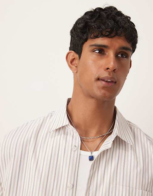 DESIGN Oversized Shirt In Beige Stripe With Chest Embroidery