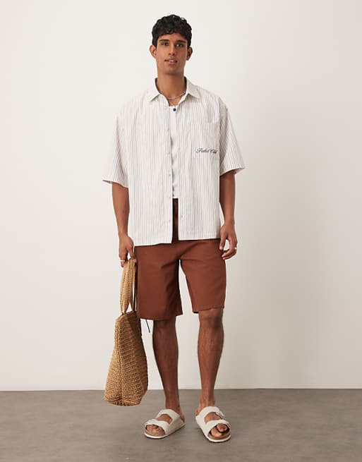 DESIGN Oversized Shirt In Beige Stripe With Chest Embroidery