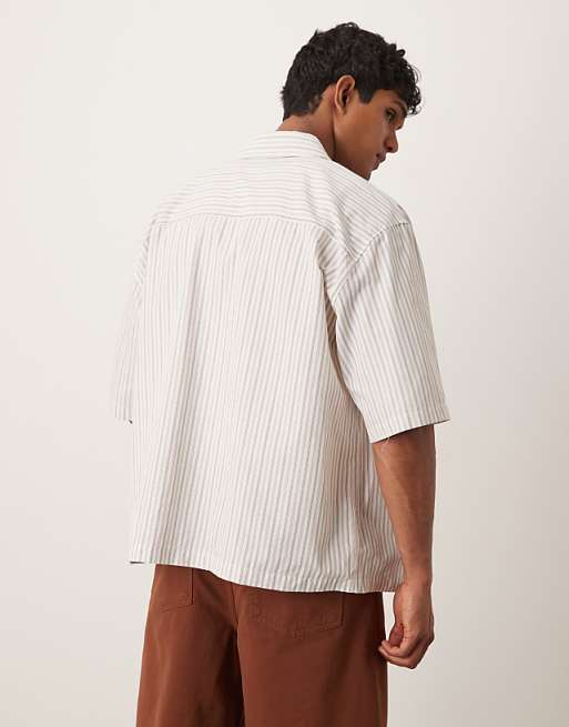 DESIGN Oversized Shirt In Beige Stripe With Chest Embroidery