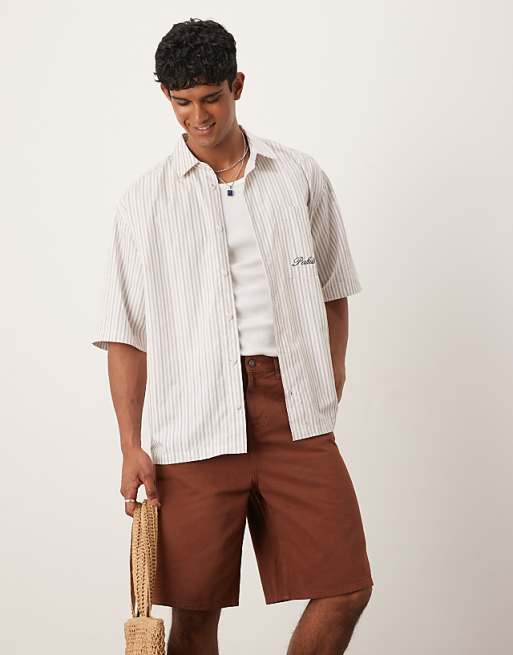 DESIGN oversized shirt in beige stripe with chest embroidery