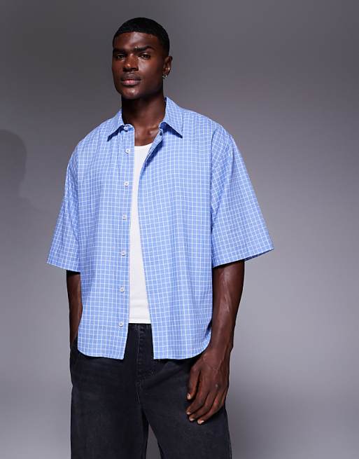 DESIGN Oversized Shirt In Blue Check With Back Embroidery