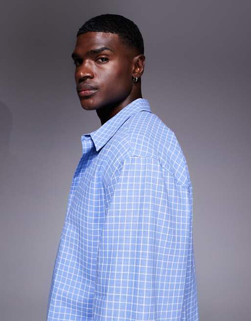 DESIGN Oversized Shirt In Blue Check With Back Embroidery